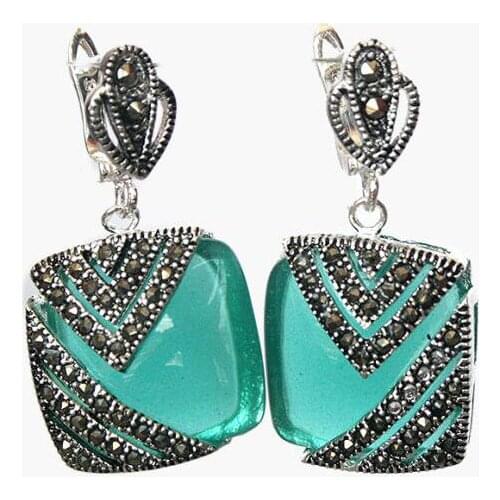 HUARONGKANGYOU Natural Green Opal Cat Eye Stone 925 Silver Marcasite bread Earing big earrings