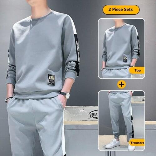 Mens Sports and Leisure Suits Spring and Autumn Round Neck Pullover Long-sleeved T-shirt Sweater Fashion Trousers 2 Piece Sets