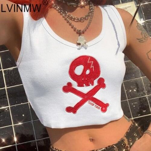 LVINMW Skull Embroidery Ribbed Basic Slim Simple Tank Tops Women Casual Skinny Sports Summer Trim Crop Top Female Streetwear