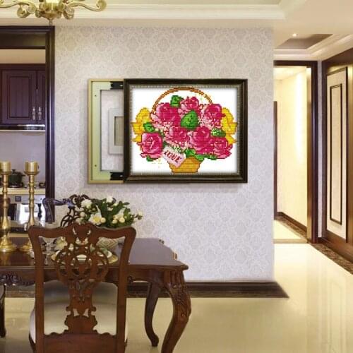 Free shopping Rose basket Cross Stitch Kits Printed patterns 14CT canvas Room Flowers Embroidery Needlework set Easy Handmade