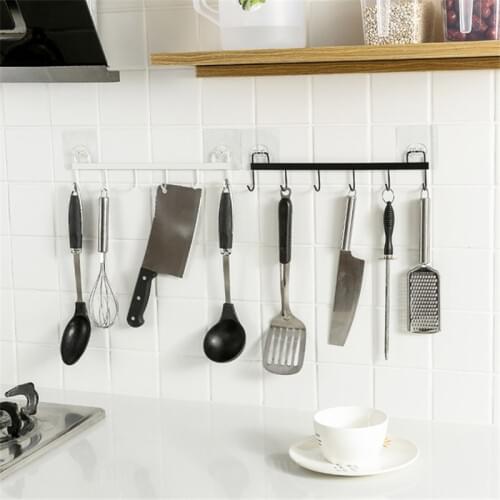 6 Hooks Kitchen Storage Rack Nail-free Adhesive Wall Hanging Door Hanger Iron Kitchen Cabinet Hook Bathroom Tools Towel Gadget