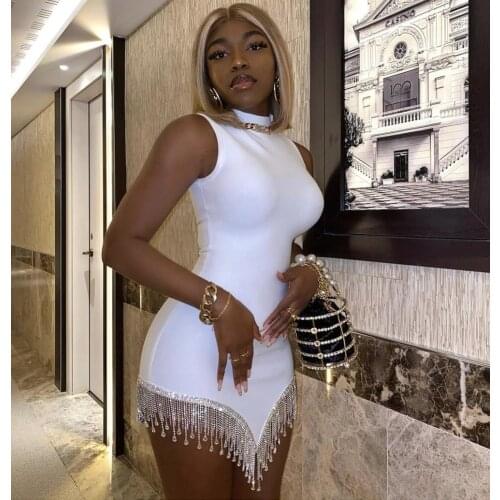 New Women Sexy Designer Sparkly Tassel Black White Bandage Dress 2020 Ladies Elegant Celebrity Bodycon Party Dress Vestido