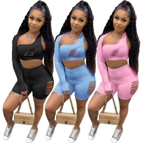 Distressed Hole Two Piece Set Women Solid Color One Shoulder Skew Neck Crop Top And Biker Shorts Sporty Outfits Summer Clothes