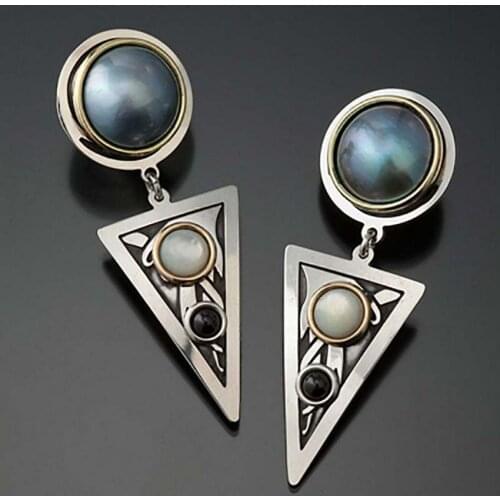 Gray Pearl Dot Silver Color Triangle Drop Earrings for Women Fashion Two Tone Geometric Point Statement Earrings Boutique Gifts