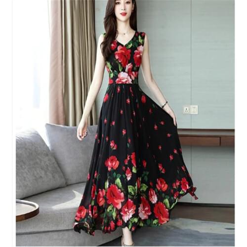 2020 summer new printed chiffon Dress sleeveless waist V-neck was thin Print Big swing dress