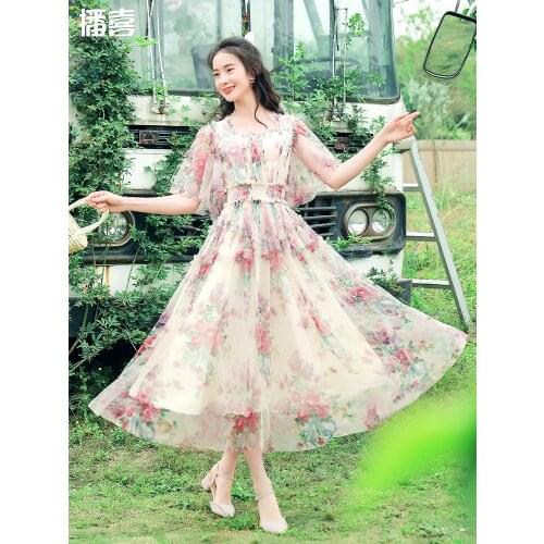 TIYIHAILEY Free Shipping Boshow Summer High Waist Long Maxi Flying Sleeve S-L Flower Print Chiffon Ruffles Square Collar Dress