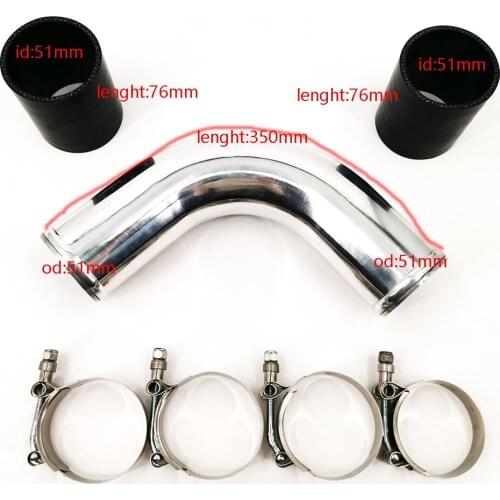 Universal 2 inch Polished 90 degree Aluminum Intercooler Turbo Pipe + Silicone Coupler + Stainless Steel T-Clamps