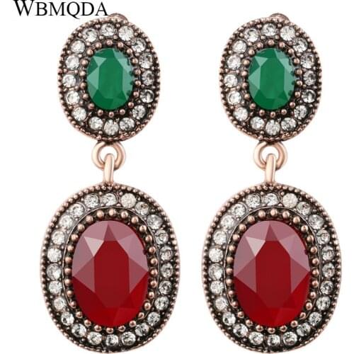 Wbmqda Boho Red Stone Earrings For Women Antique Gold Color Vintage Jewelry Ethnic Bride Big Crystal Earrings 2021 New