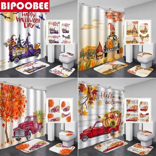 Happy Halloween Shower Curtain Set Autumn Pumpkin Truck Fabric Bathroom Curtains Gnomes Bath Mats Anti-slip Carpet Home Decor