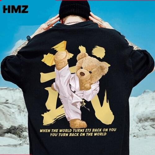 HMZ Streetwear Tee Shirts Kung Fu Bear Print Tshirt Half Sleeve Casual Tshirts Hip Hop Tee Harajuku Loose T-Shirts Top Oversized