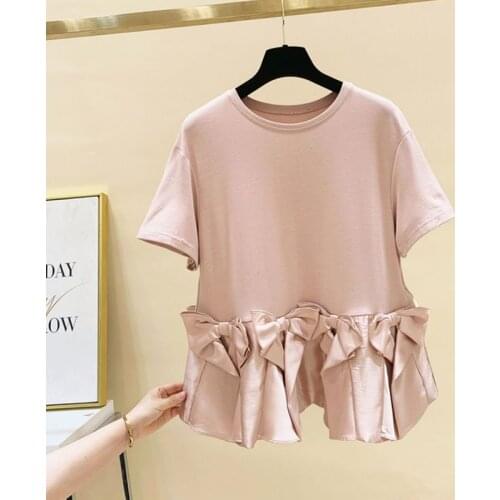 Korean Fashion Bow Patchwork Designed Black T Shirt Simple O-neck Woman Tshirts Summer Casual Short Sleeve Ladies Tops