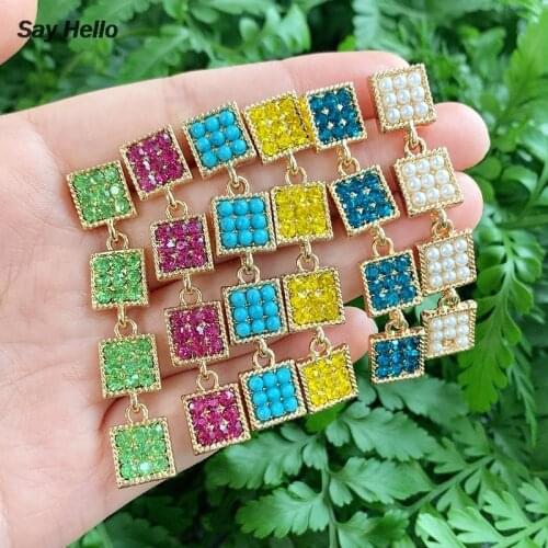 SAY HELLO Square Turquoises Beads Crystal Inlaid Dangle Earrings for Women Charming Geometric Tassel Jewelry Brinco серьги K5062
