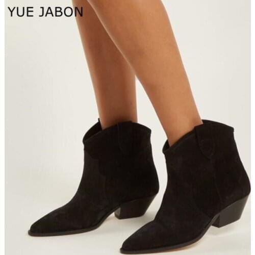 Size43 Pointy toe Chunky Heels Ankle Boots for Women Nude Black Suede Short Boots Autumn Winter Shoes Woman botas cowboy mujer
