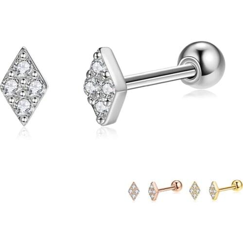 SILVERHOO Geometric Rhombus 925 Sterling Silver Stud Earrings For Women Full Clear Cubic Zirconia Small Earring Party Jewelry