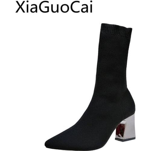 Square Heels Women Knitted Boots Socks Pointed Toe Female 2018 Autumn Boots New Martin Boots