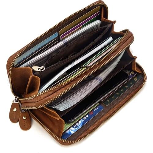 Womens Clutch Purse Large Capacity Purse for Cards Cash Photo Phone Leather Long Purse Double Zipper Real Cowskin Mens
