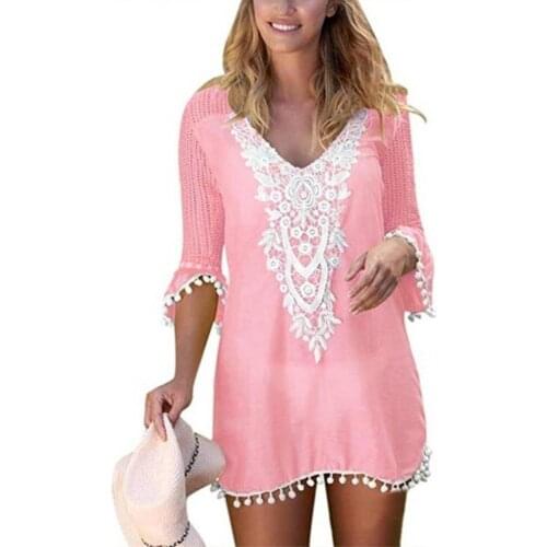 Plus Size Summer Women Beach Wear Lace Crochet Pompom Trim Bikini Cover Up Dress