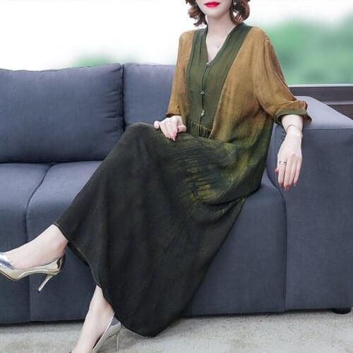 Fashion V-neck Half-sleeve Women Silk Dress 2021 Summer New Retro Middle-aged Temperament Plus Size 4XL Dress Femme Robe aq681