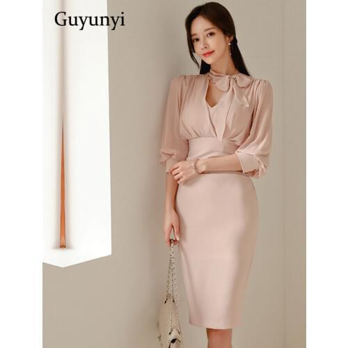 Pink Office Lady Dress 2020 Autumn Simple High Waist Chiffon Stitching Five-Point Sleeve Temperament Elegant Party Dress Women