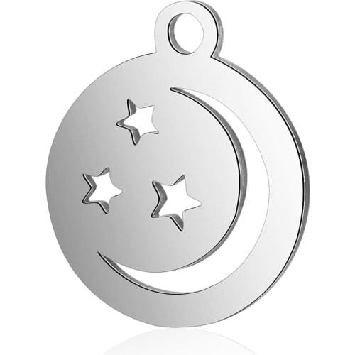 10pcs/lot 12*14mm Stainless Steel Star Moon Round Pendant Charms for DIY Necklace Findings Crafts Jewelry Making Party Gift