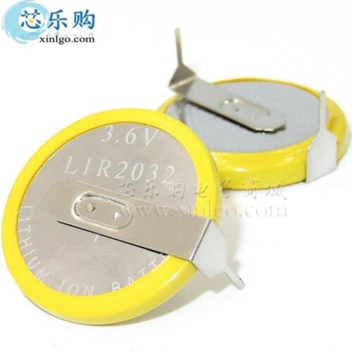 10PCS/lot LIR2032 3.6V horizontal fillet welding foot battery LIR2032 coin cell battery welding foot