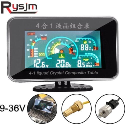 4 In 1 LCD 12v/24v Excavator Truck Car Oil Pressure Voltmeter Volt Water Temperature Fuel Gauge Temperature Sensor Voltmeter Car