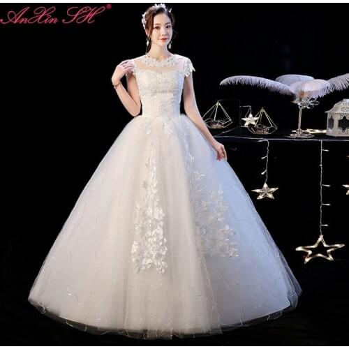 AXJFU vintage princess white lace flower wedding dress party turkey o neck illusion ball gown white wedding dress