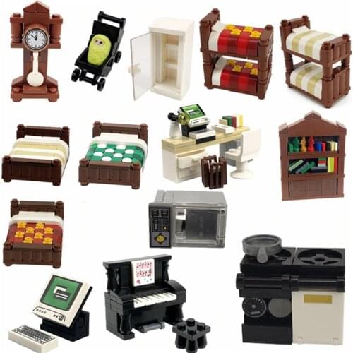 City MOC Sets Accessories Bookshelf Piano Education Baby Carriage Parts DIY Toys For Children Toilet Bed Cities Building Blocks