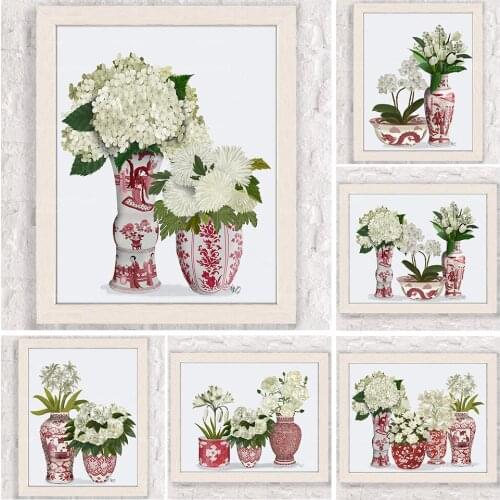 Floral interiors, Chinoiserie print, Red and white china artwork, Chinese room decor White flower print Gallery wall art Peonie