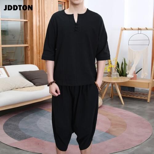 JDDTON New Summer Men Loose Cotton Linen Two-Piece Set Clothing Style Suits Outerwear Fashion Casual Loose Male Retro Suit JE112