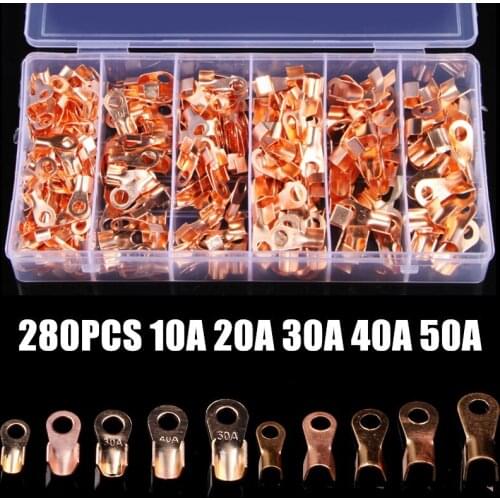 280PCS Assorted Copper Battery Cable Connector Terminal Open Lugs Wire Terminals OT-10A OT-20A OT-30A OT-40A OT-50A