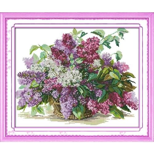 Lilac Flower Basket Printed Cross Stitch Kits Embroidery Needlework Sets 14CT 11CT DIY Handmade For Home Living Room Decor H318