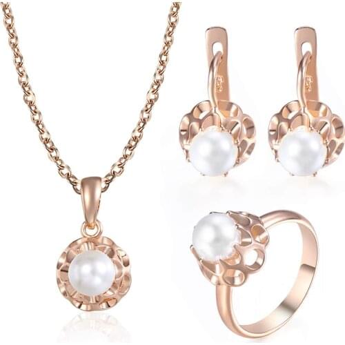 New 585 Rose Gold Simulated Pearl Earrings Ring Pendant Necklace Set Rolo Cable Chain for Women Girls Jewelry Sets Gift GE142A