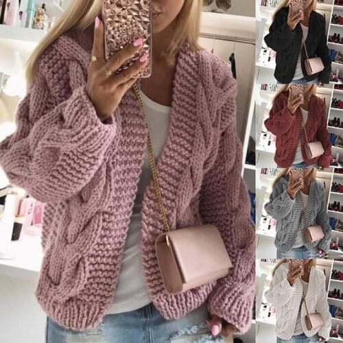 Solid Color Twist Knitted Sweaters Women Winter Clothes Covered Button Cardigan Black Pink Grey White Oversize Casual Streetwear