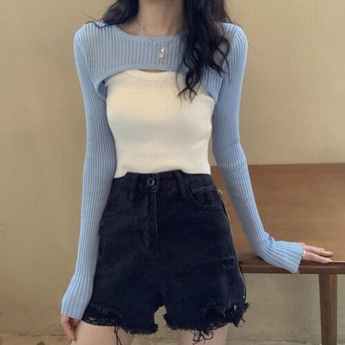 Autumn Casual Solid Color Ribbed Mini Sweaters Shirts Women 2020 Sexy Crop Tops Round Neck Long Sleeve Female Cropped Pullovers