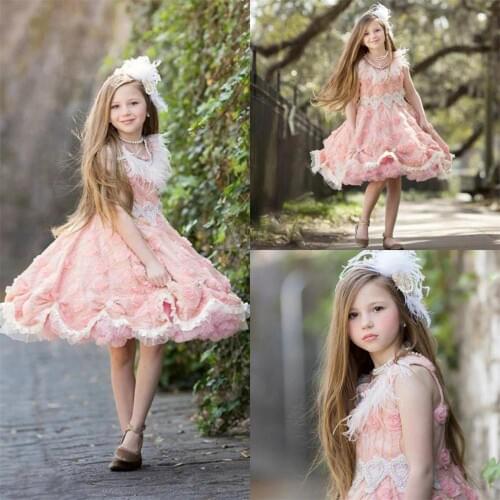Light Pink Knee Length Flower Girl Dresses Lace Beaded Jewel Neck Feather Pageant Gowns with 3D Flowers Girls Party Dress