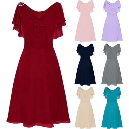 Dress Women Wedding Guest Bridesmaid High-Waist Formal Dress Ruffles Short Sleeve Party Ball Prom Gown Cocktail Dress Metal Ring