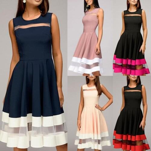 Chic Women O Neck Sleeveless Mesh Stitching Waist Tight Large Swing Midi Dress Party Office Midi Dresses Plus Size