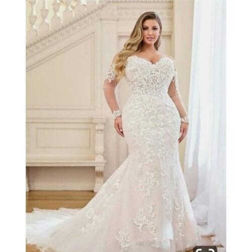 South African Wedding Dresses Mermaid Long Sleeves Tulle Appliques Lace Plus Size Nigeria Vestido De Noiva Bridal Wedding Gown