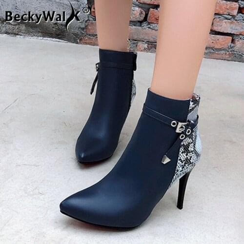 Women Boots Patchwork Pointed Toe Ankle Boots 2021 Winter Fashion High Heel Shoes Woman Spring Autumn Pumps Plus Size 43 WSH3691