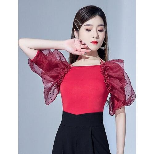 Female Latin Dance Leotard Mesh Puff Sleeve Tops ChaCha Tango Dancing Performance Stage Costume Salsa Rumba Practice Wear YS2287