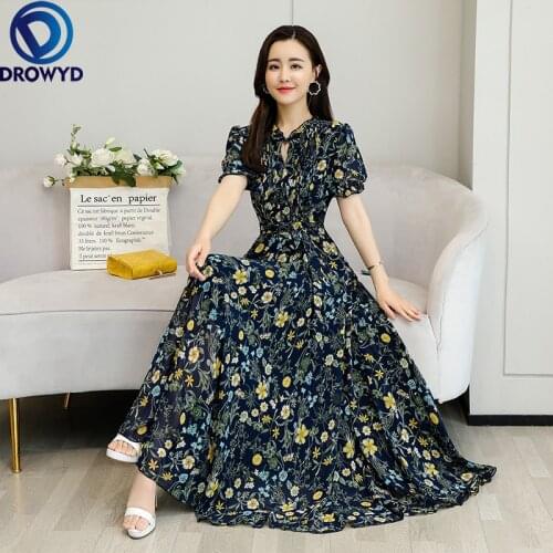 Women Long Floral chiffon Dress Summer 2021 Runway Elegant Vintage Boho Korean Retro Fairy Casual Vacation Party Vestidos New