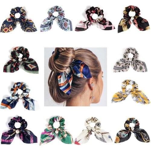 1PC Chiffon Bowknot Elastic Hair Bands Floral Print Scrunchies Elastic Hair Ties for Women Girls Ponytail Holder Hair Accessorie