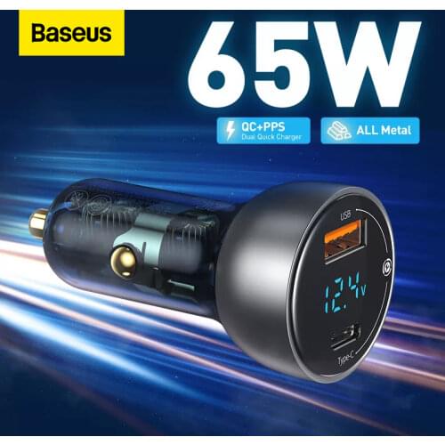 Baseus 65W PPS Car Charger USB Type C Dual Port PD QC Fast Charging For Laptop Translucent Car Phone Charger For iPhone Samsung