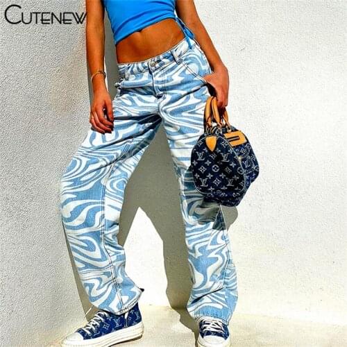 Cutenew Fashion Stripe Printing ​Zipper Loose Jeans Women Clothes Summer Casual Slim High Waist Straight Trousers Lady Streetwea