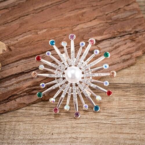 Colorful Crystal Rhinestone Brooch Silver Plated and Gold Color Large Round Circle Pearl Pins and Brooches for Women