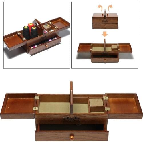 Wooden Sewing Basket Vintage Style Wooden Sew Kits Supplies Storage Box Drawer with 2 -Layer and Compartments