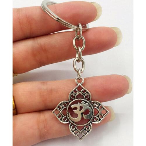 Filigree OHM OM AUM Buddha Lotus Silver Color Pendant Keychain, Buddhist yoga Keychain Mens Car Keychain Ladies Bag Key Ring