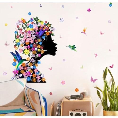 Colorful Flowers Fairy Wall Stickers Sexy Lady Face Wallpaper For Bedroom Cute Birds Butterflies Wall Decal Creative Home Decor