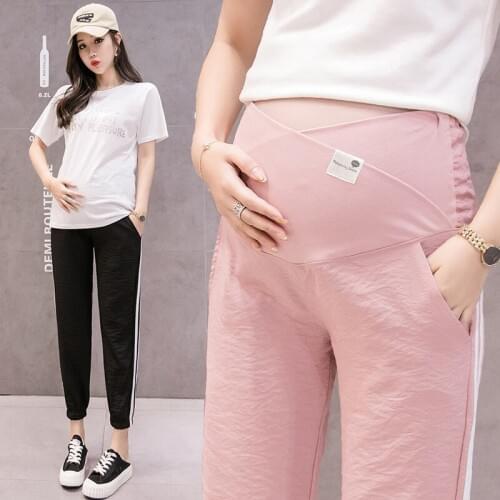 Summer Nine Length Maternity Woman Pants Casual Striped Maternity Trouser Pregnant Clothing Breathable Belly Pregnancy Trousers
